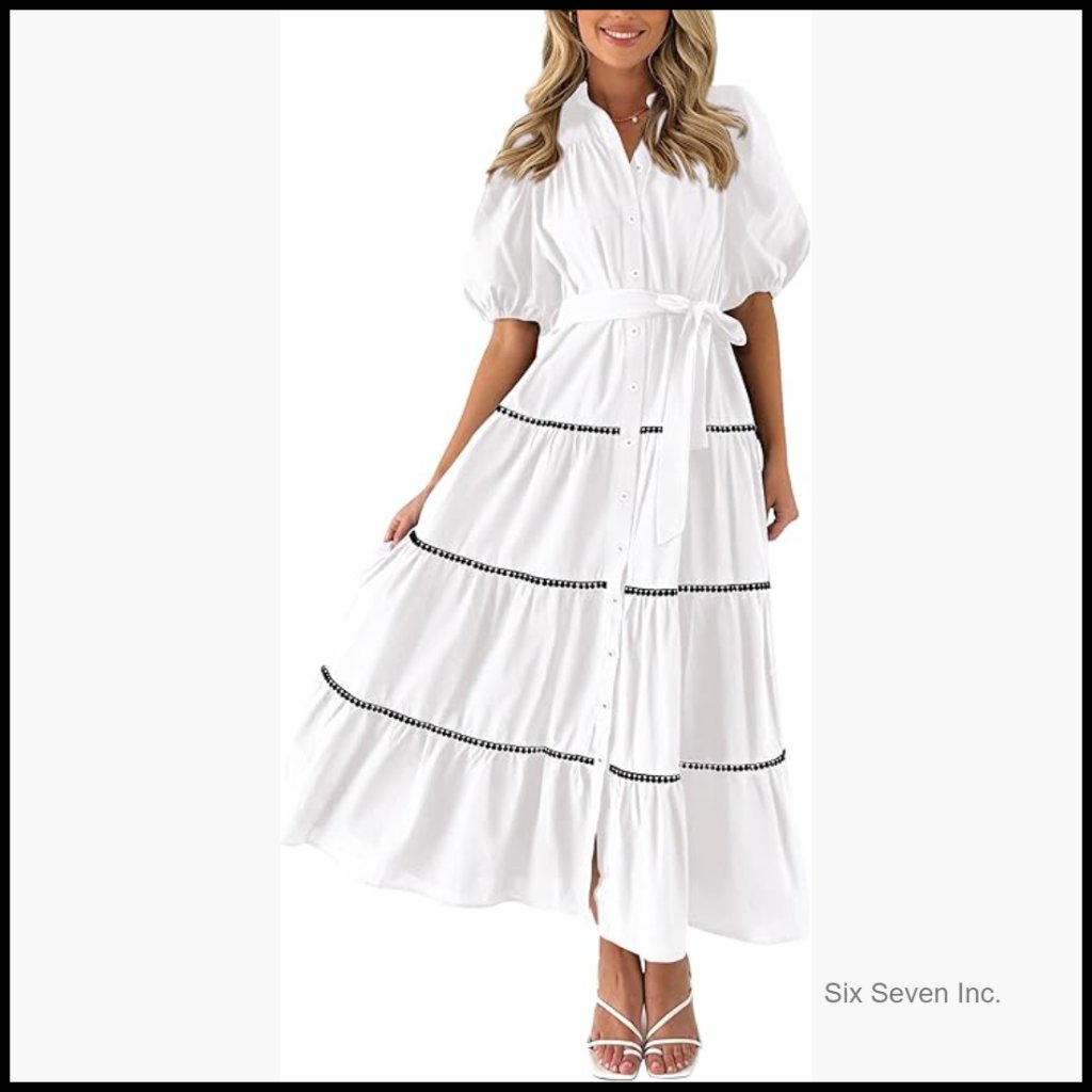 Viscose Polyester Polyamide Maxi Dress With Puffy Sleeves And Pockets